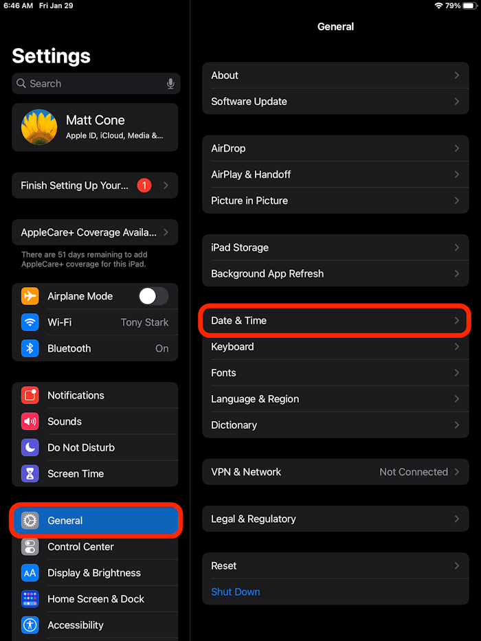 General iPad system settings