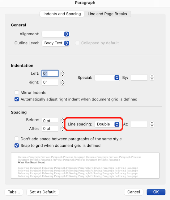 Double space Microsoft Word Mac document