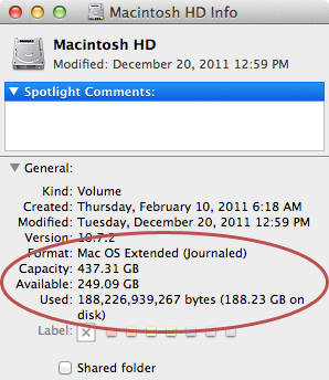 Viewing the Mac’s available hard drive space
